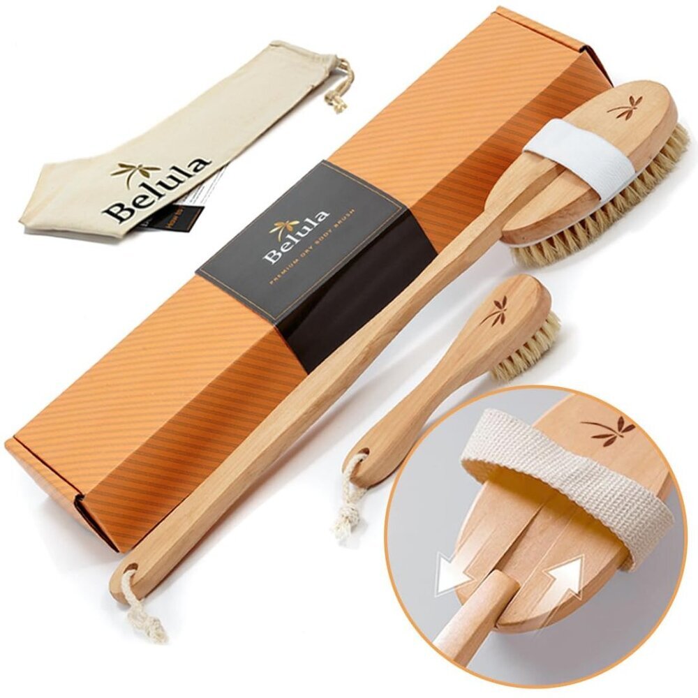 Dry Brushing Body Brush Set - Natural Boar Bristle Body Brush, Exfoliating Face